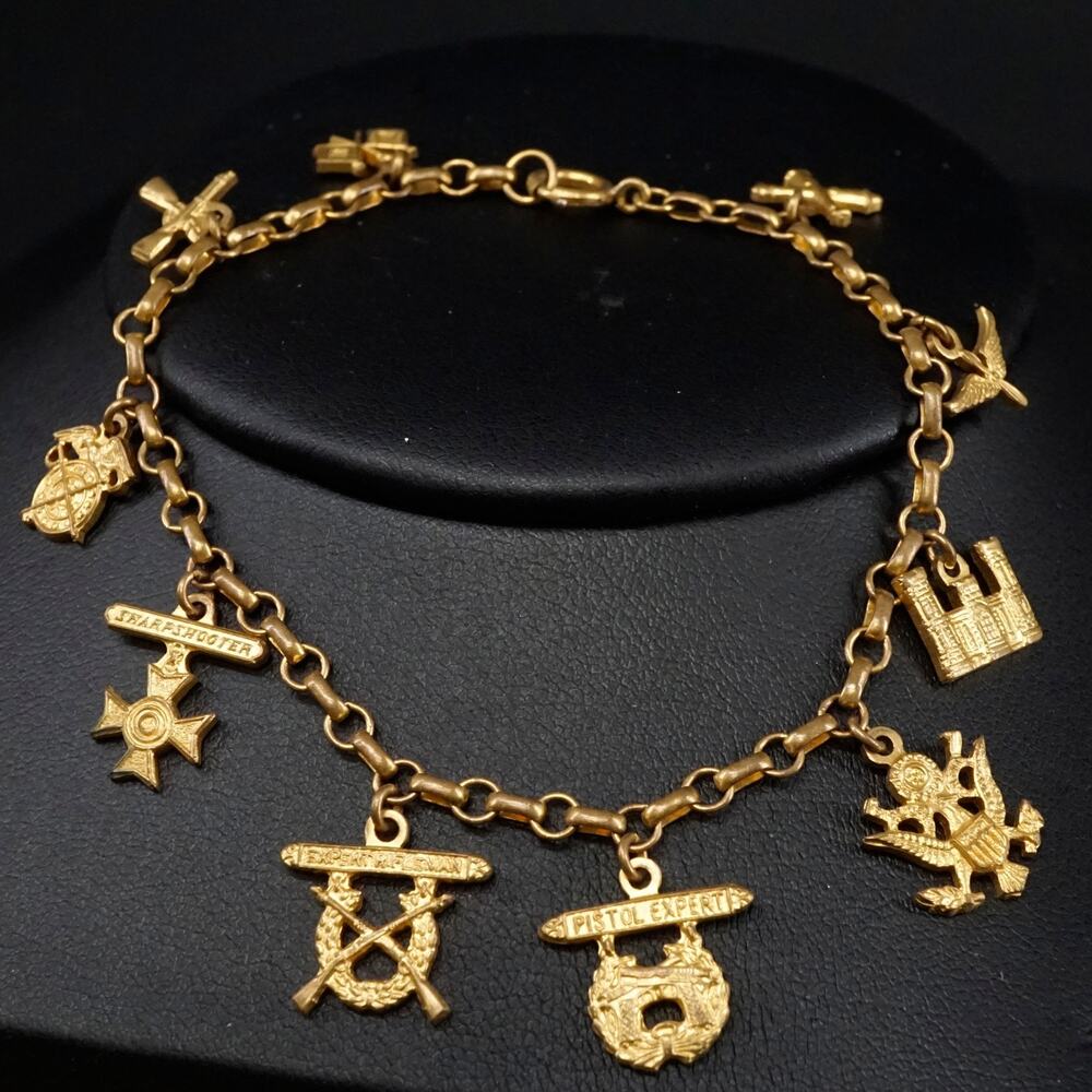 Vintage WWII U.S. Army Sweetheart Charm Bracelet Gold Tone Military Jewelry